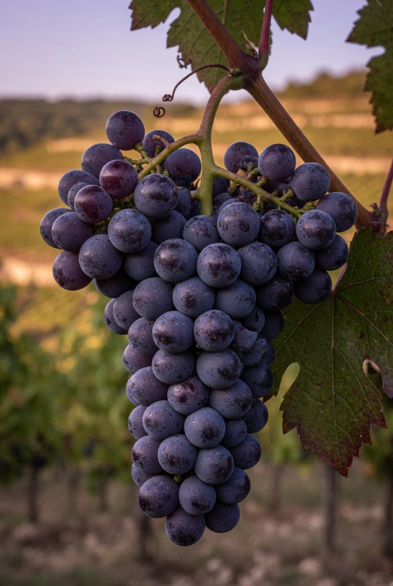 Grappe de raisin Malbec à maturité dans un vignoble de Cahors, lumière dorée