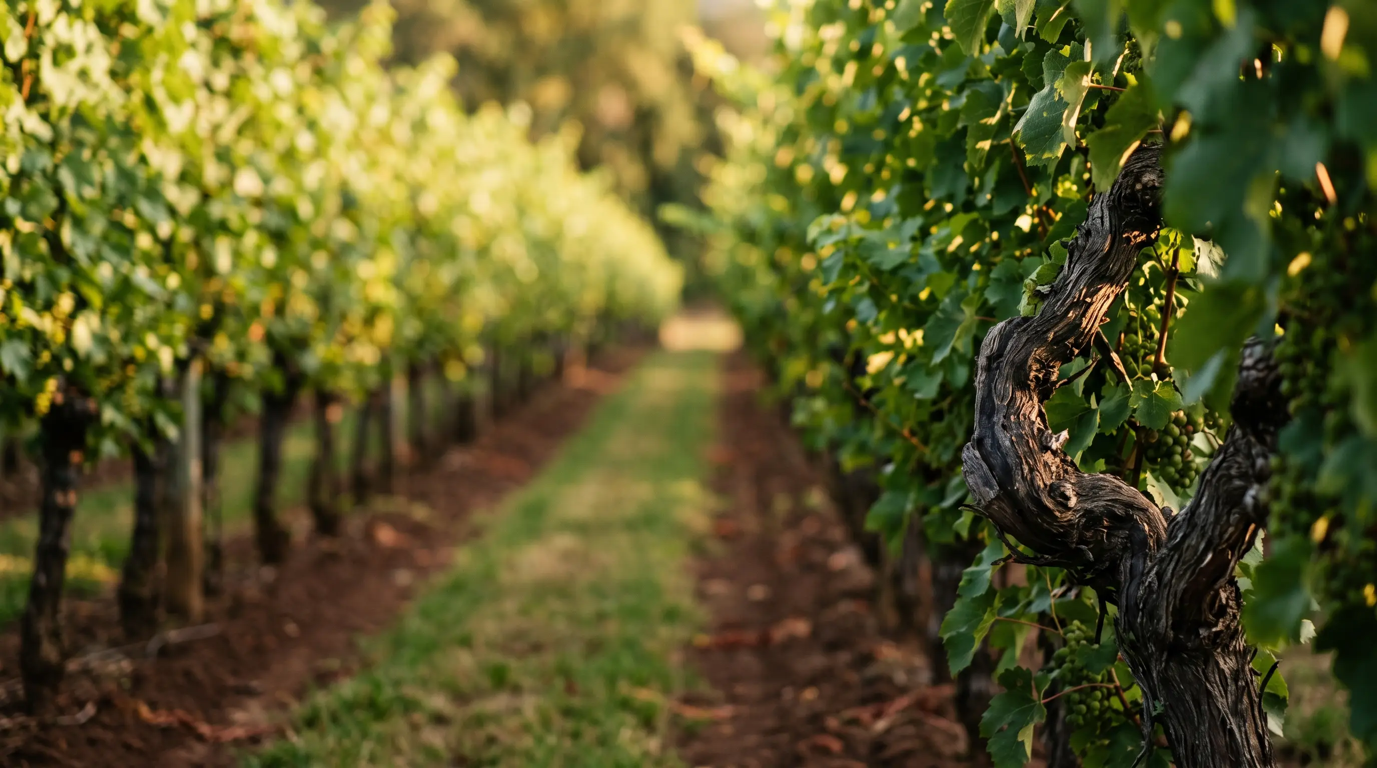 Rang de vigne en fin de journée, cep noueux au premier plan et feuillage à contre-jour
