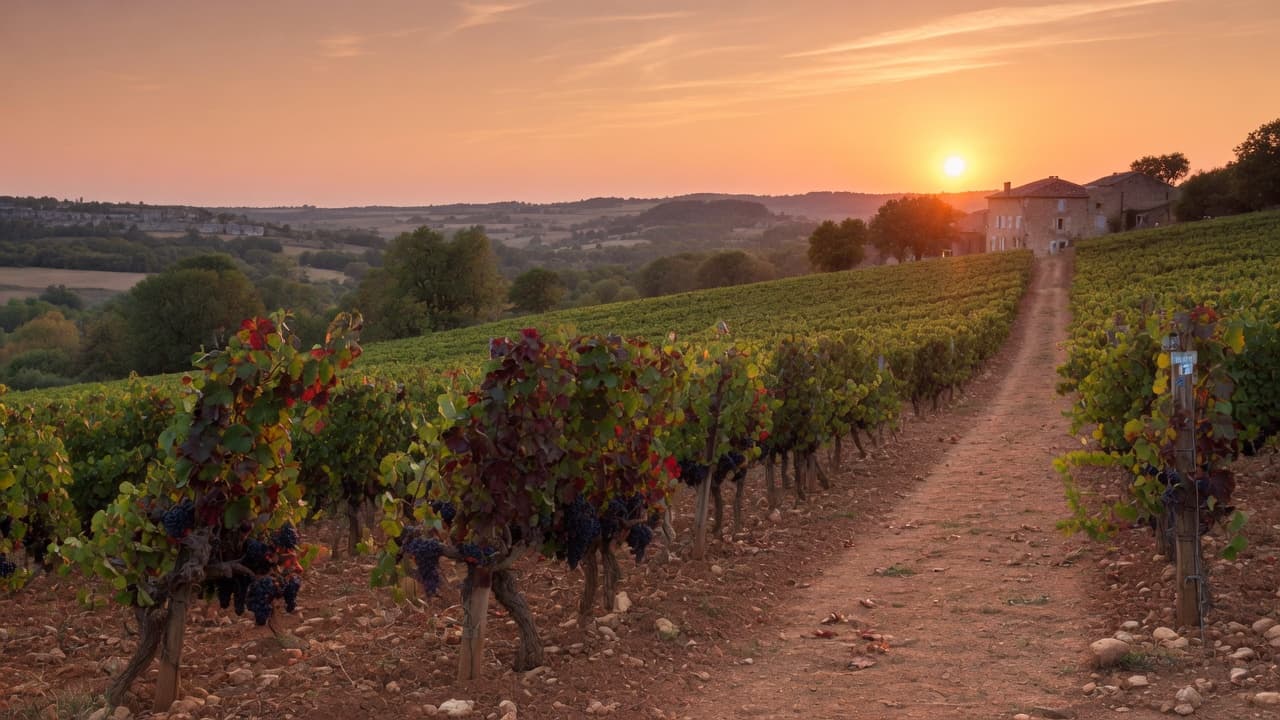 Chemin de terre menant à un domaine cadurcien au crépuscule, grappes mûres au premier plan